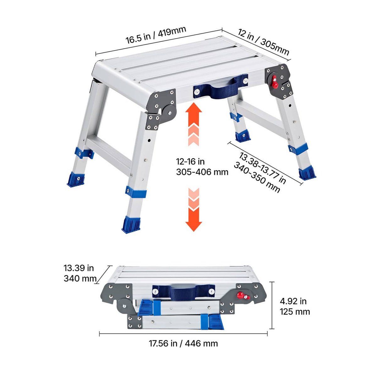 Folding work platform with dimension arrows and height range labels on white frame