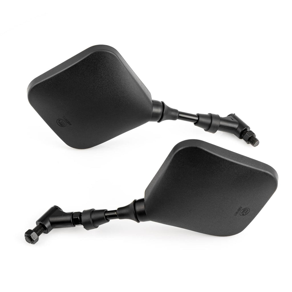 Black square motorcycle rearview mirrors with short arms and threaded mounts