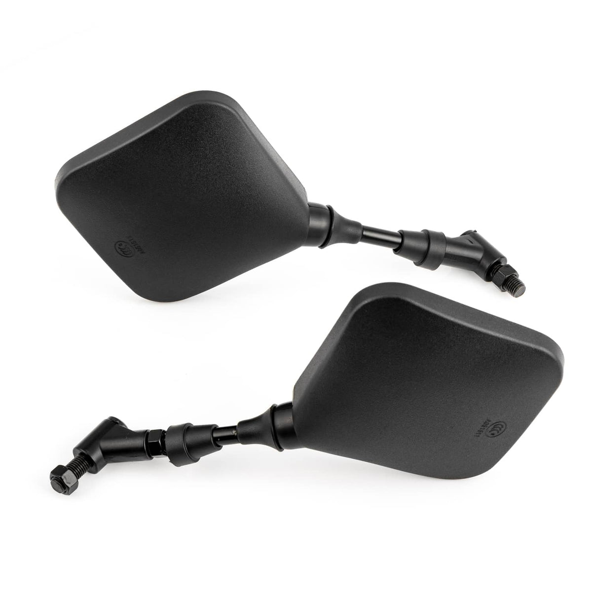 Black square motorcycle rearview mirrors with short arms and threaded mounts
