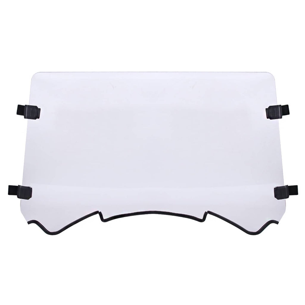 Clear UTV windshield panel with black corner clamps and curved lower cutout