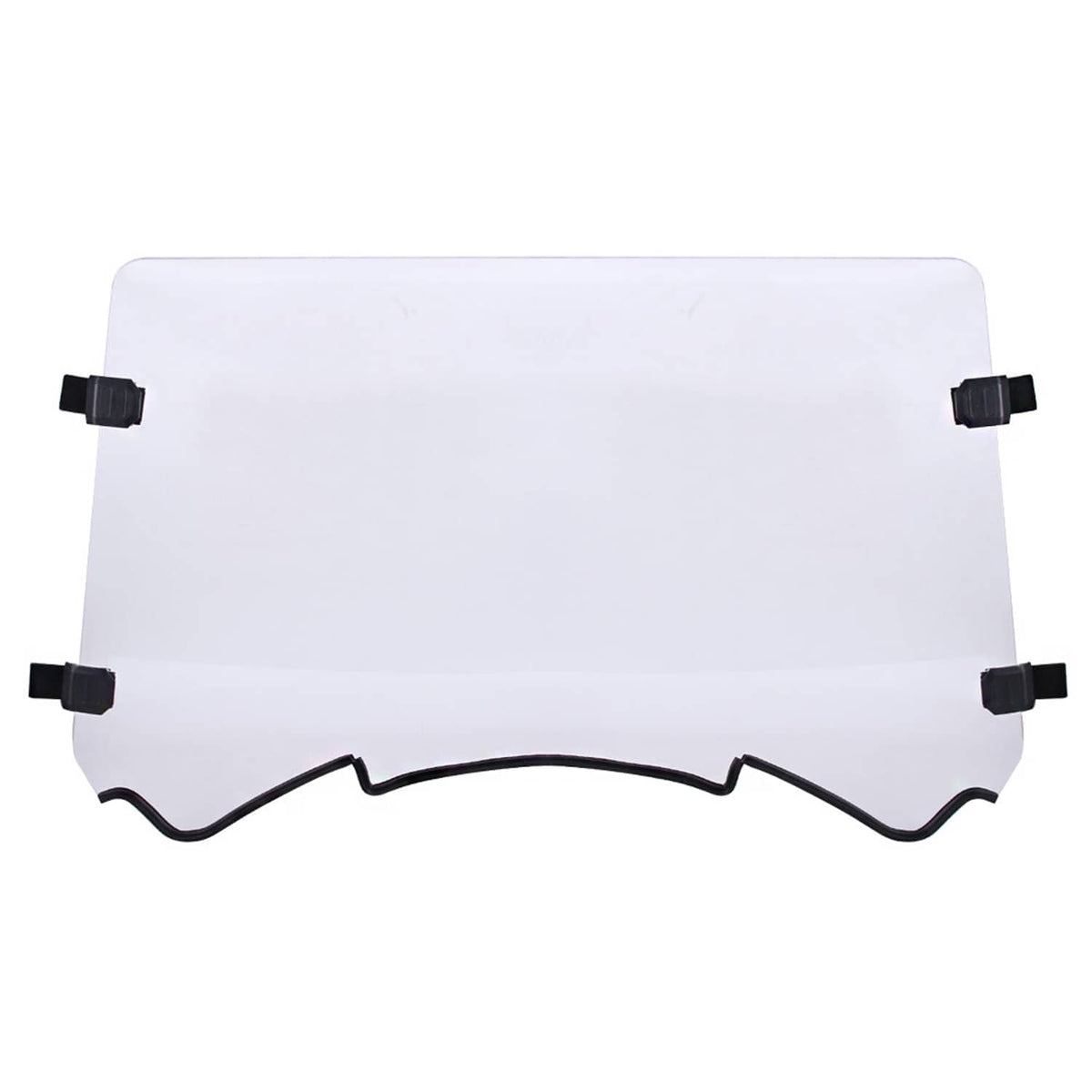 Clear UTV windshield panel with black corner clamps and curved lower cutout