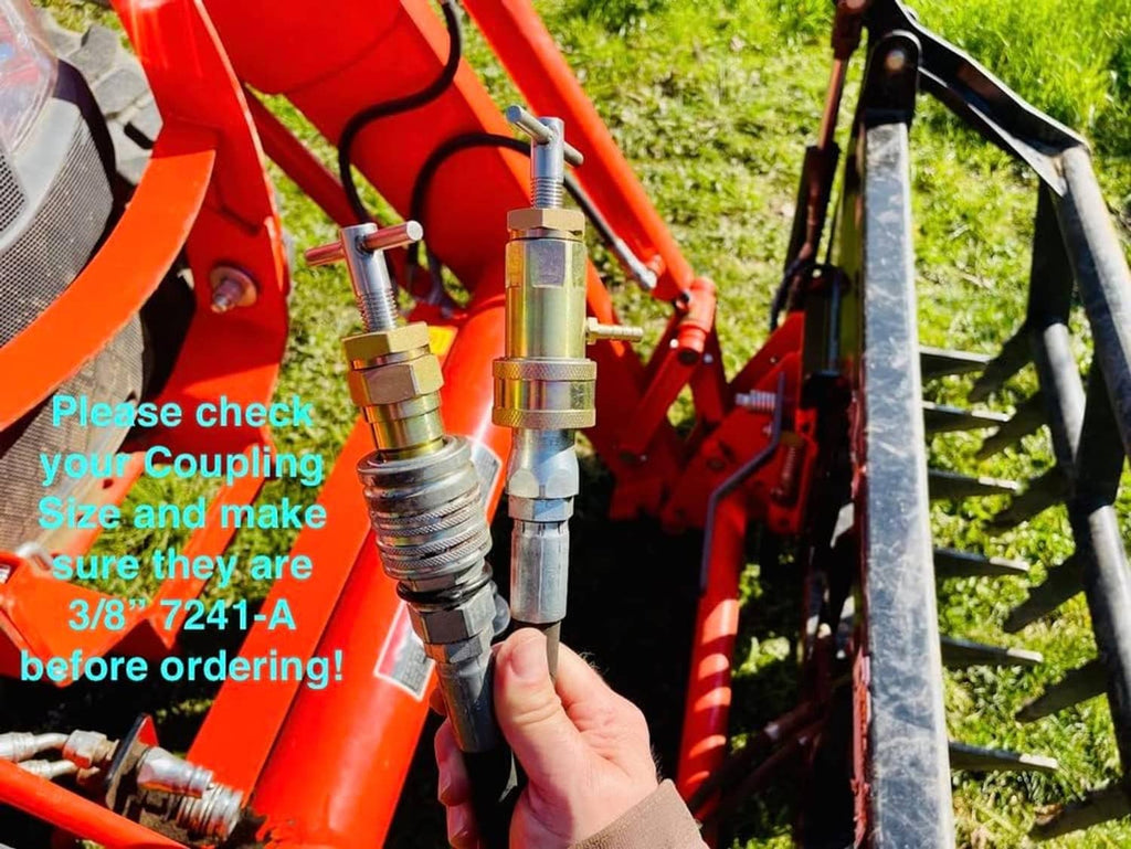 Hydraulic quick coupling installed on red tractor equipment with metal fittings