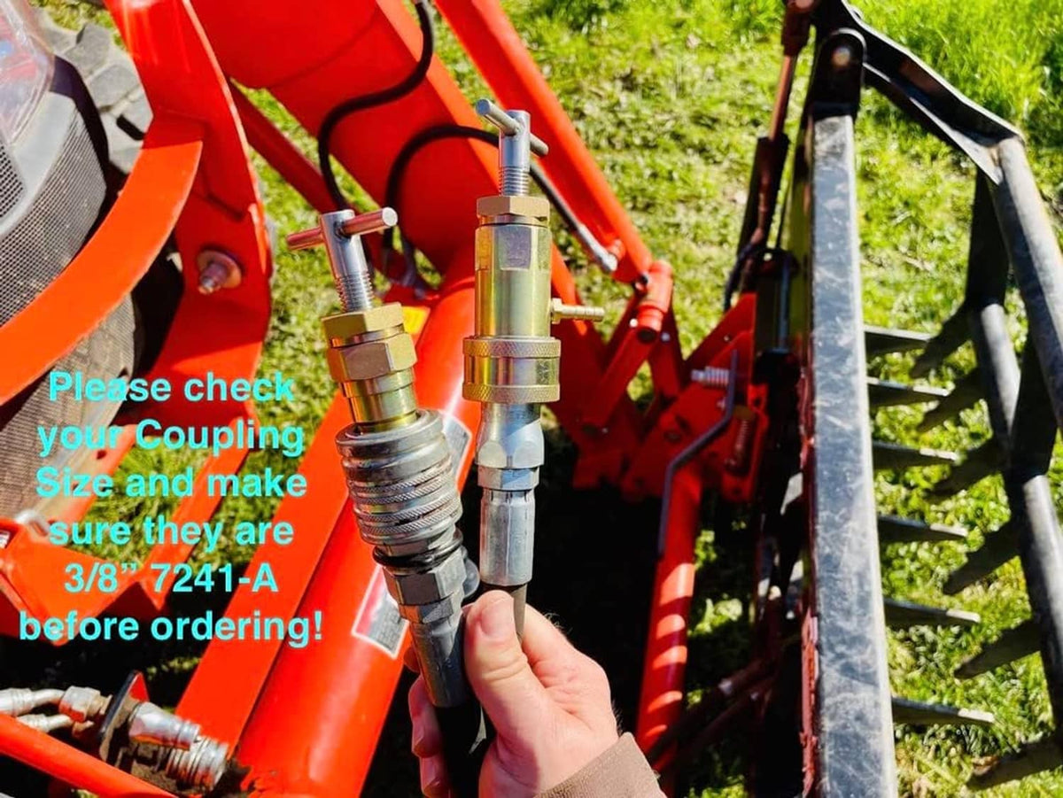 Hydraulic quick coupling installed on red tractor equipment with metal fittings