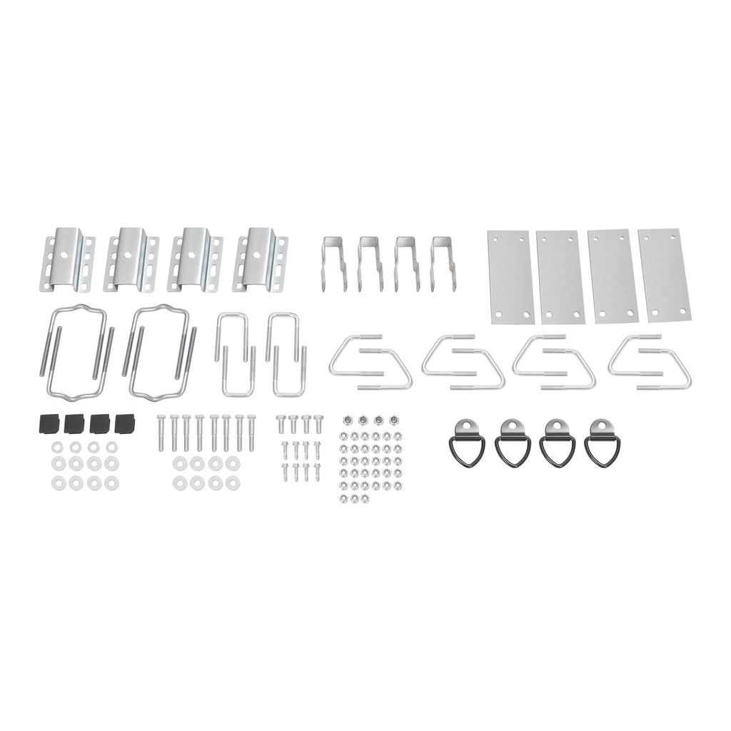 Trailer cross bar system kit components: metal brackets, hooks, and mounting hardware