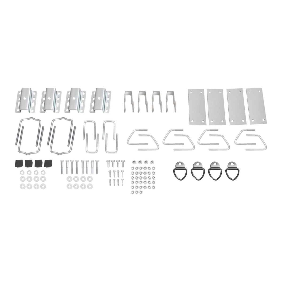 Trailer cross bar system kit components: metal brackets, hooks, and mounting hardware