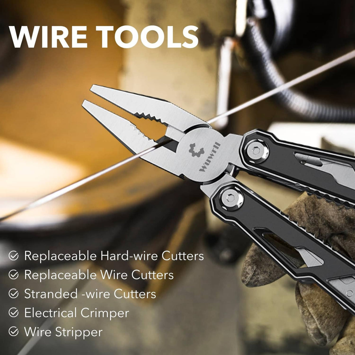 Black stainless multitool with wire cutters, crimper, and wire stripper features