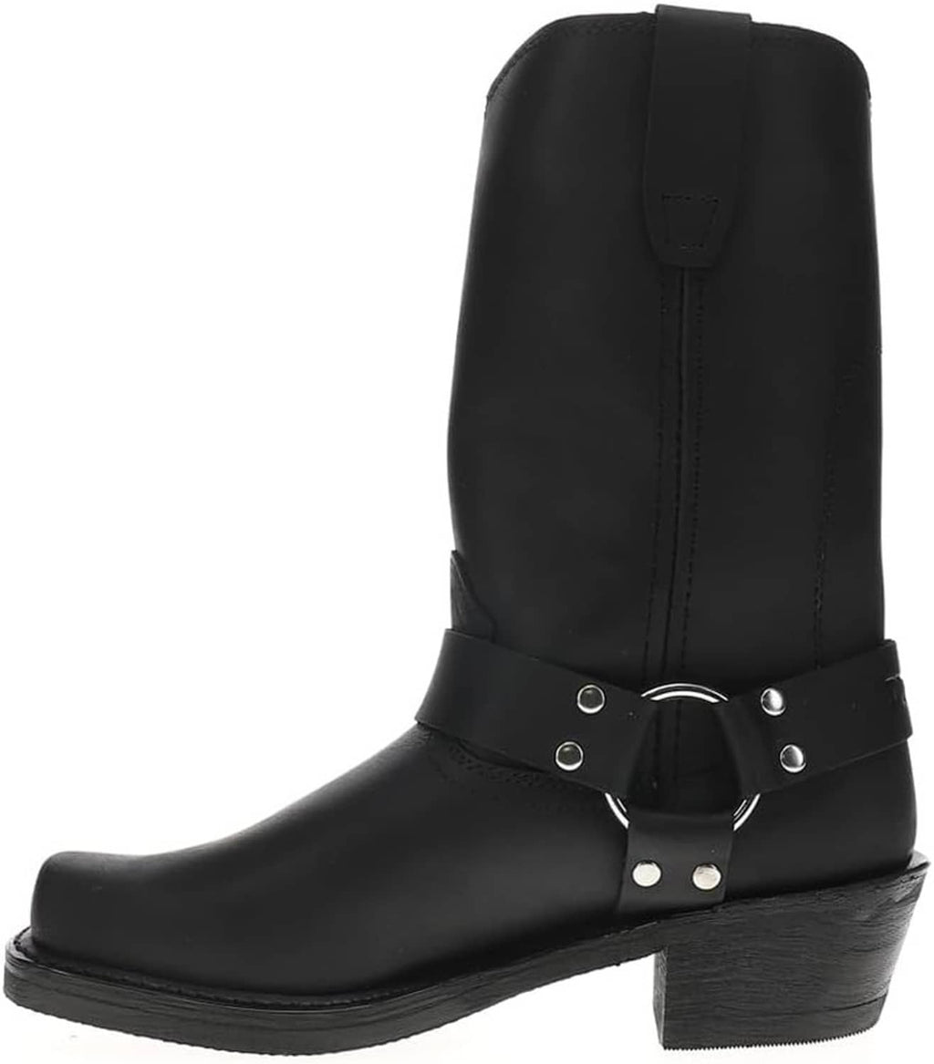 Women’s western harness boot, black mid-calf with curved harness buckle and silver hardware