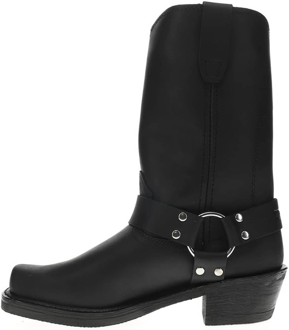 Women’s western harness boot, black mid-calf with curved harness buckle and silver hardware