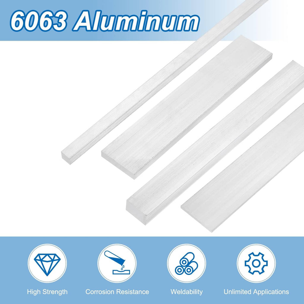 Aluminum square flat bars, silver brushed rectangular strips shown together.