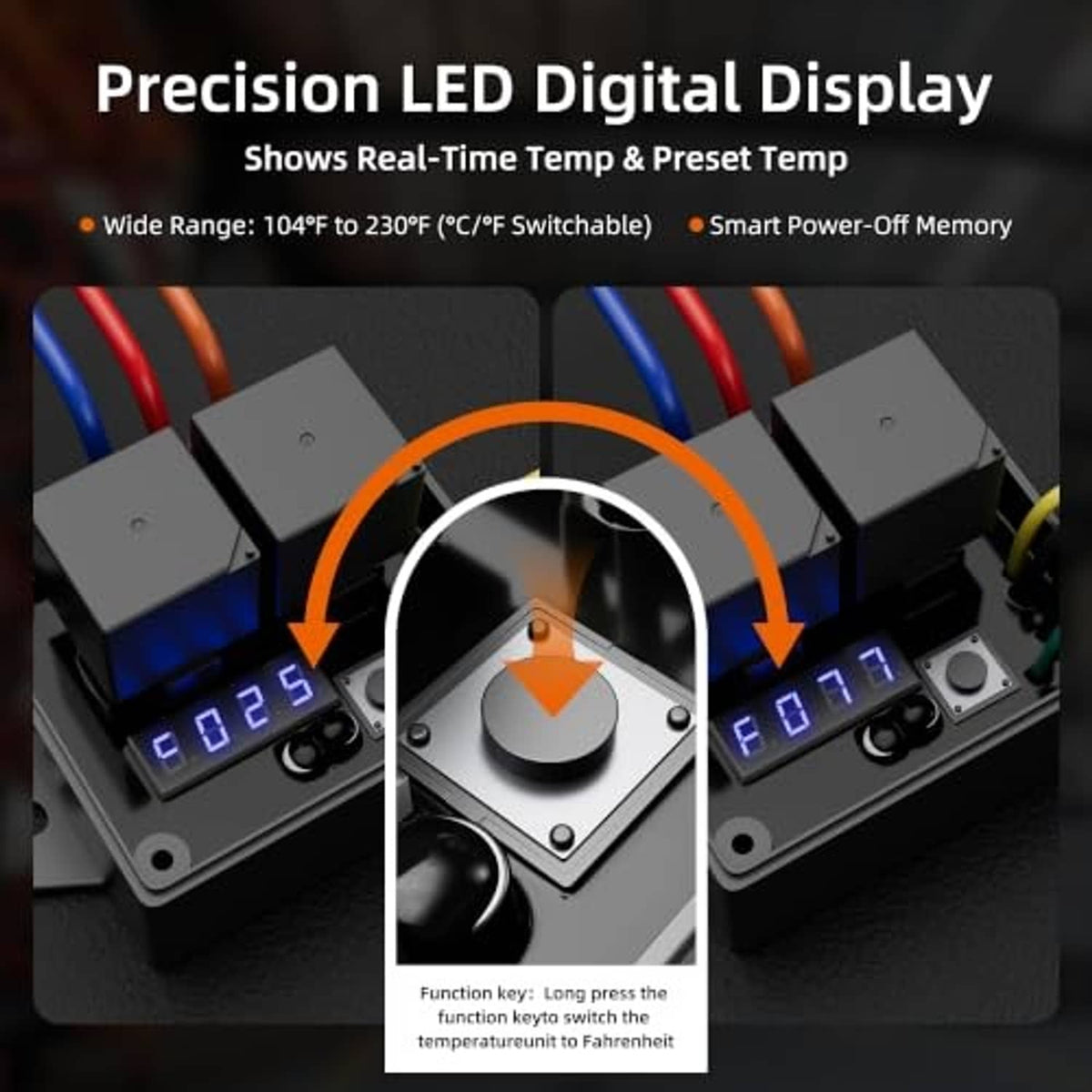 Digital radiator fan controller with LED digital display and round function button on control box
