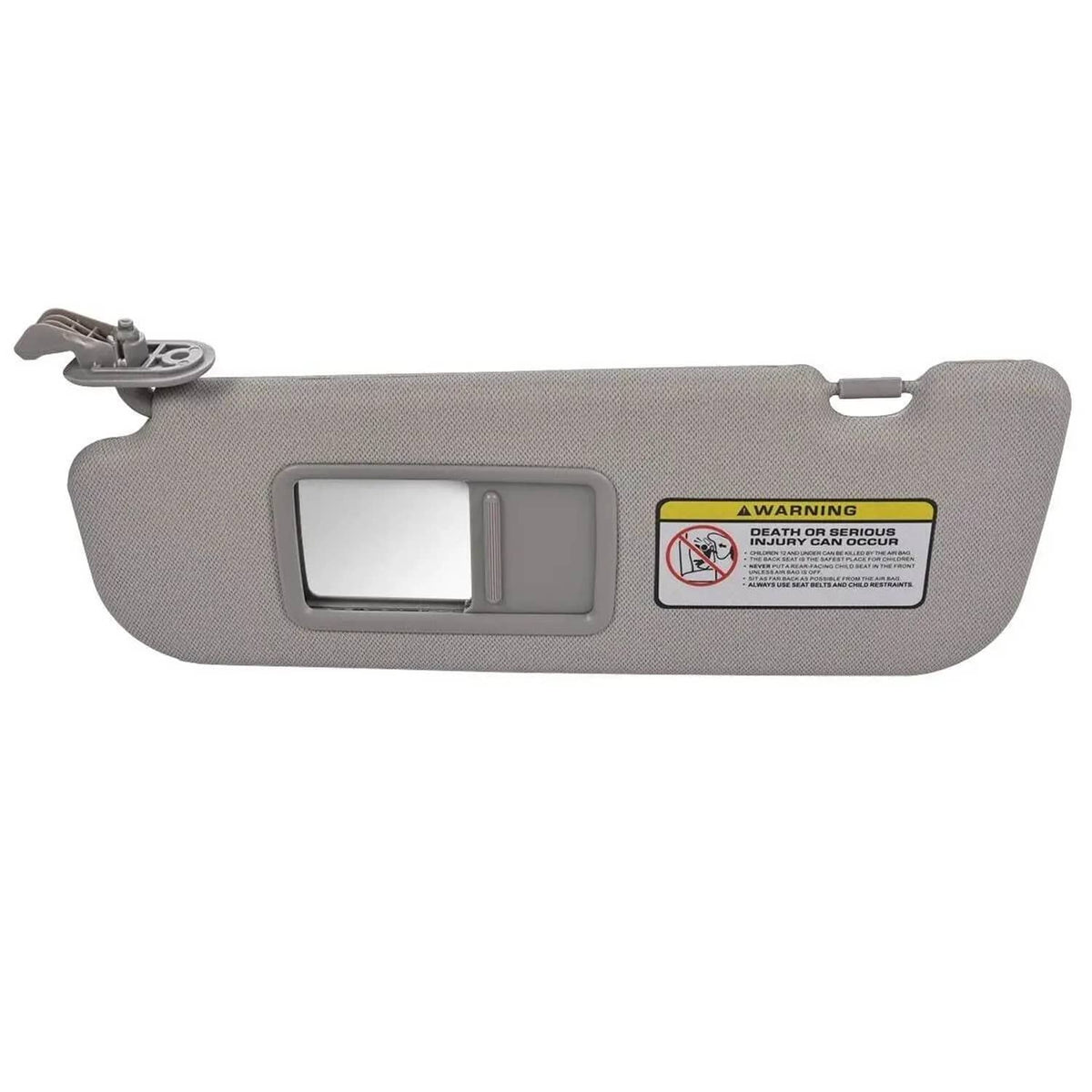 Grey left sun visor with rectangular vanity mirror window and warning label