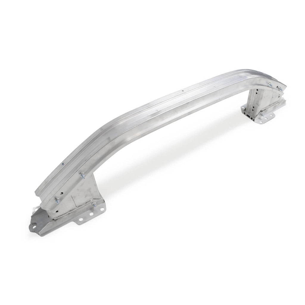 Front bumper reinforcement beam, arched silver metal with end mounting brackets and holes