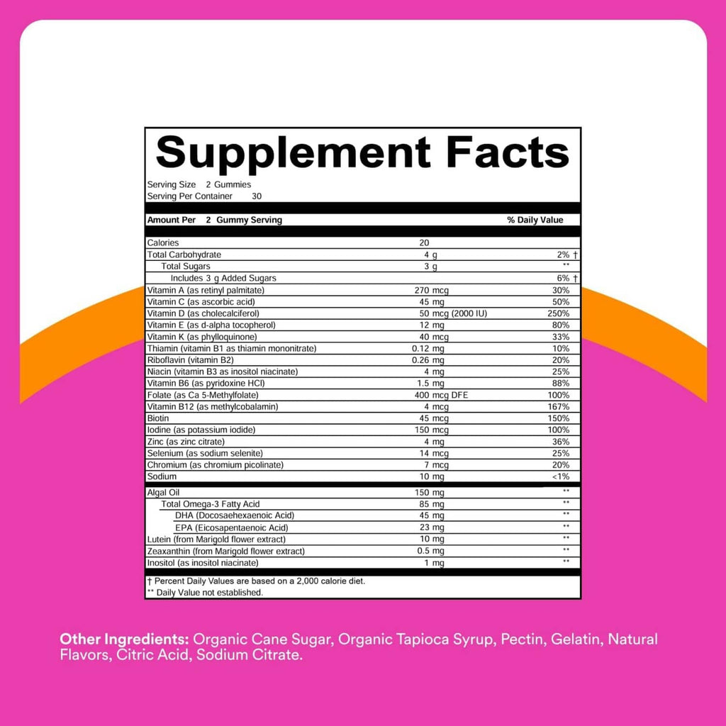 Supplement Facts label panel for a pink multivitamin gummy product.