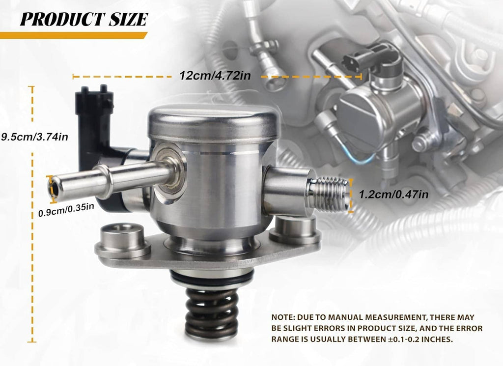 High-pressure fuel pump with inlet pipe, outlet fitting, and coil spring, with size diagram