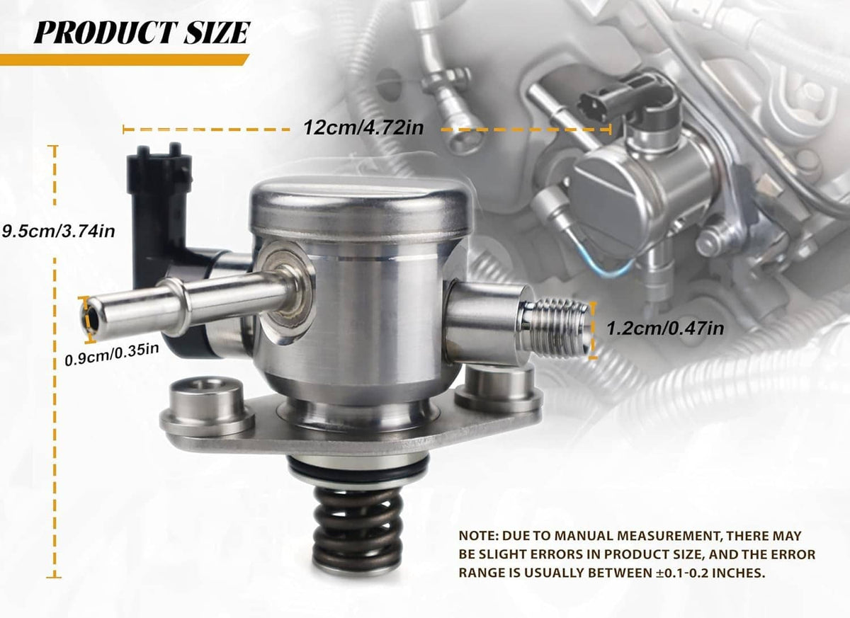 High-pressure fuel pump with inlet pipe, outlet fitting, and coil spring, with size diagram