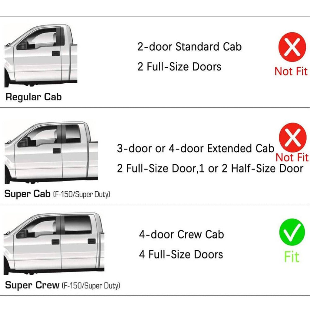 Window vent visor fitment guide marking green check for 4-door Crew Cab