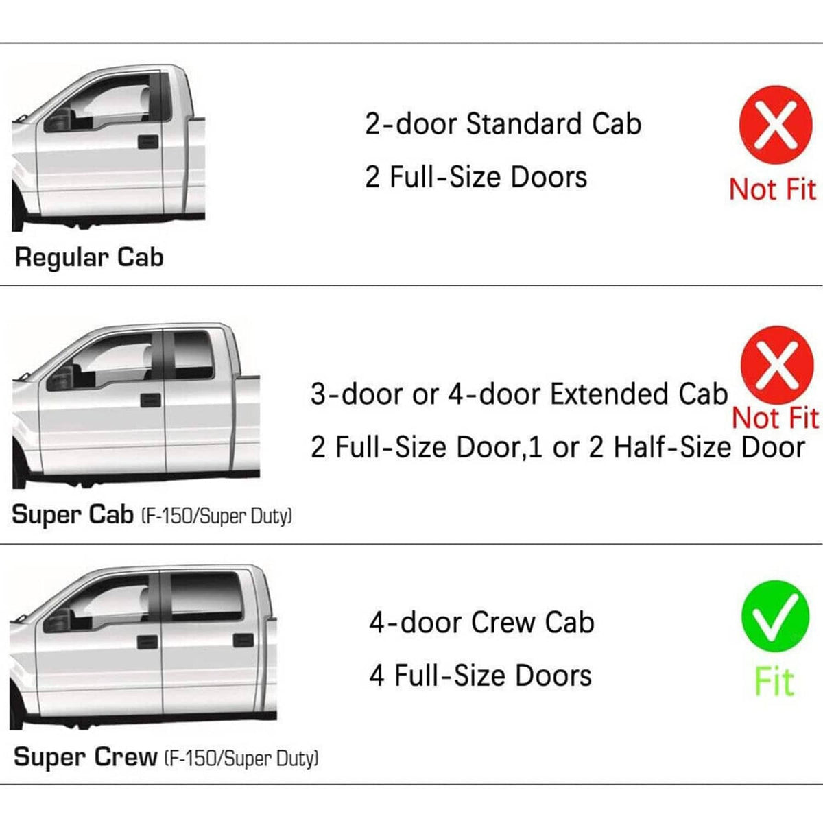 Window vent visor fitment guide marking green check for 4-door Crew Cab