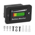 Waterproof LED battery gauge with E-to-F indicator scale and green/red bar graph