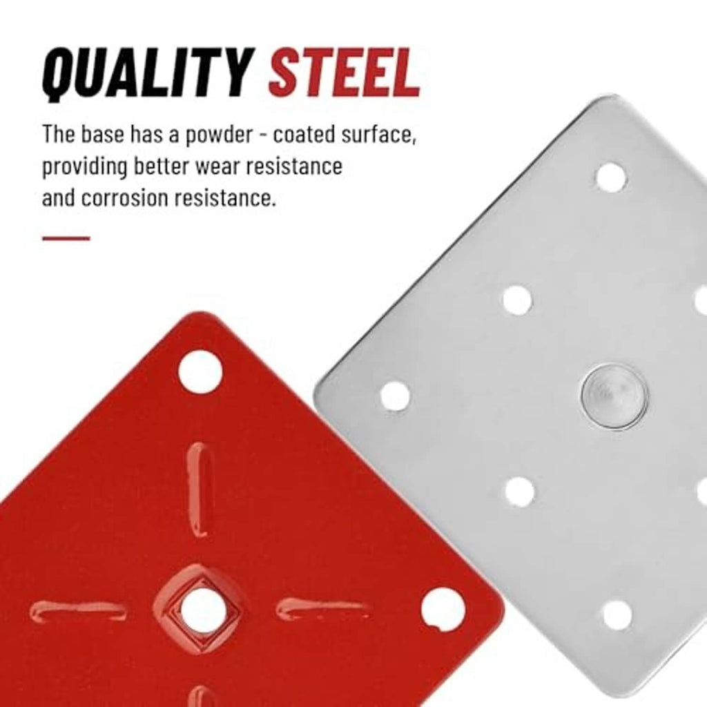 Red and silver steel base plates with holes and nuts for an adjustable screw jack