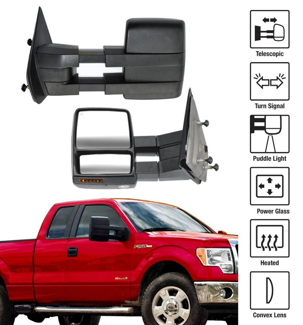 Power telescoping heated tow mirrors with turn-signal lights and convex reflector