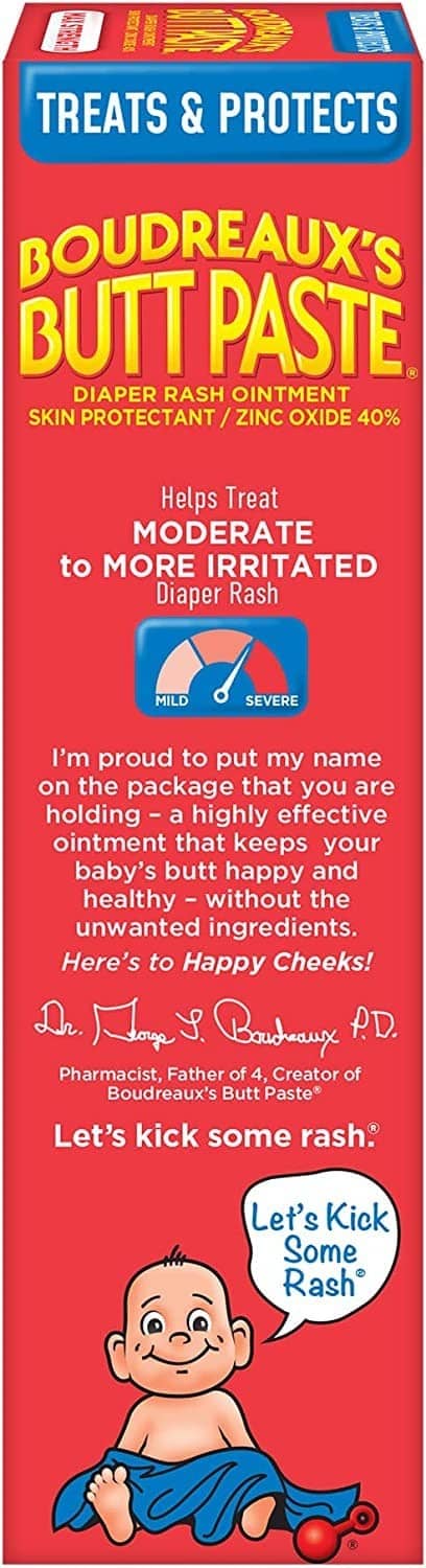 Butt paste side panel with “More Irritated” diaper rash claim and doctor-approved badge.