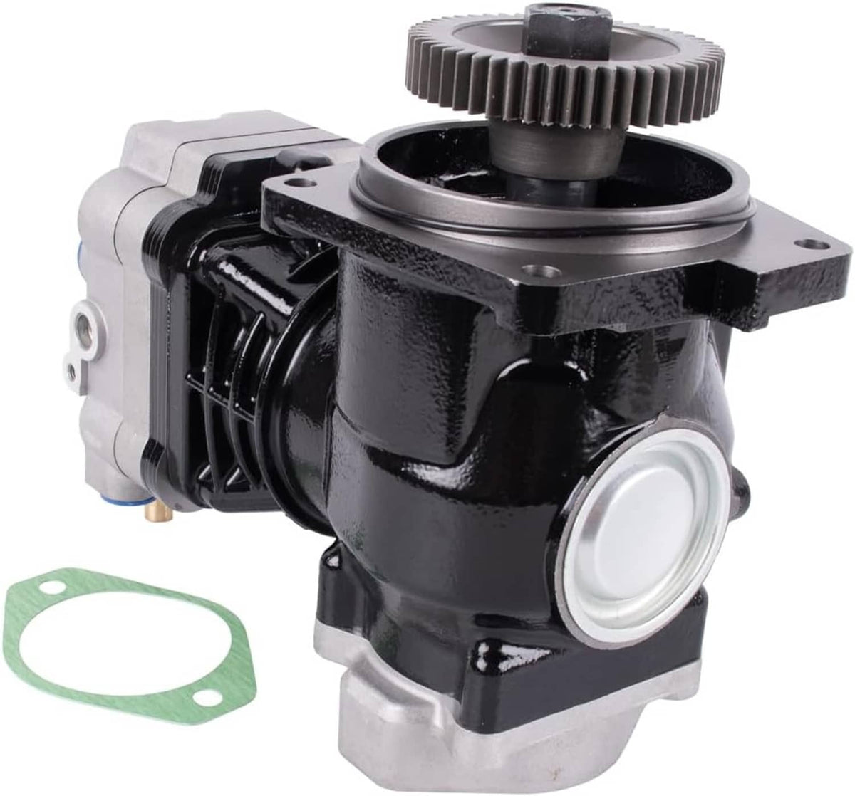 Truck air brake compressor with gear, glossy black unit and silver circular inlet