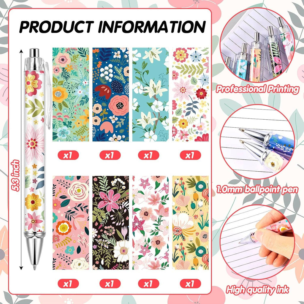 Box set showing multiple floral ballpoint pens with 1.0 mm tips