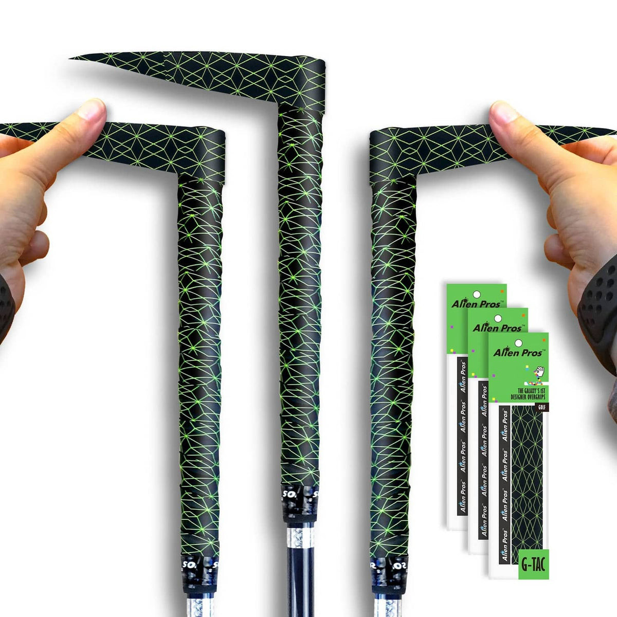 Golf grip wrapping tape 3-pack, black with neon green geometric web pattern
