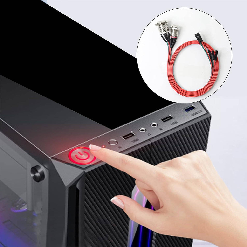 Illuminated red LED power button on PC case front panel with multicolor wire harness