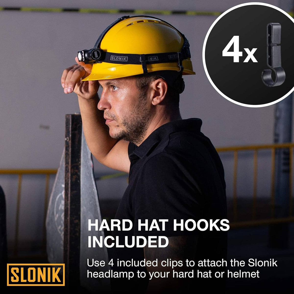 Rechargeable headlamp attached to a yellow hard hat with included clips