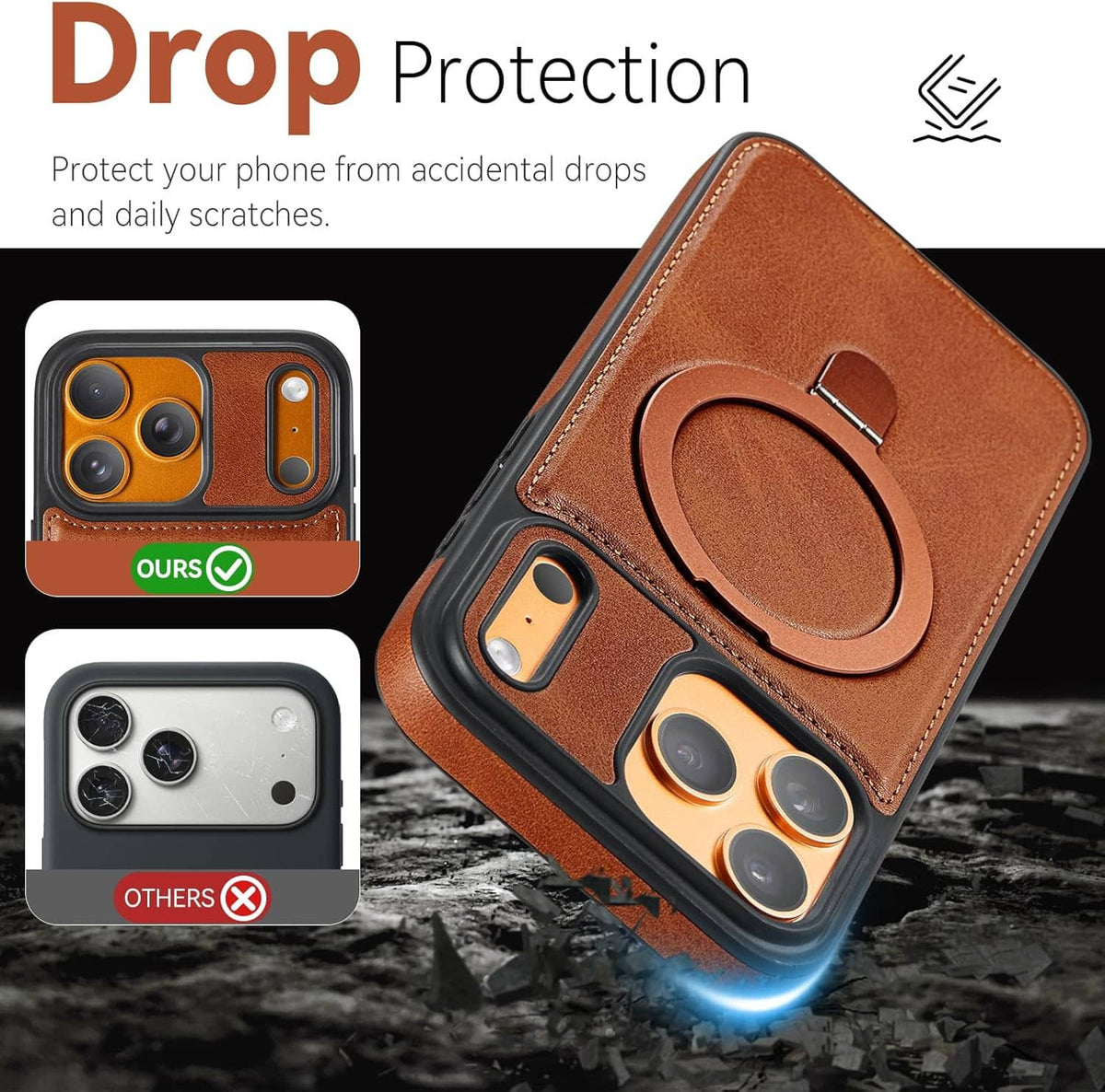Brown PU leather iPhone 17 Pro case with raised ring stand and protective corners