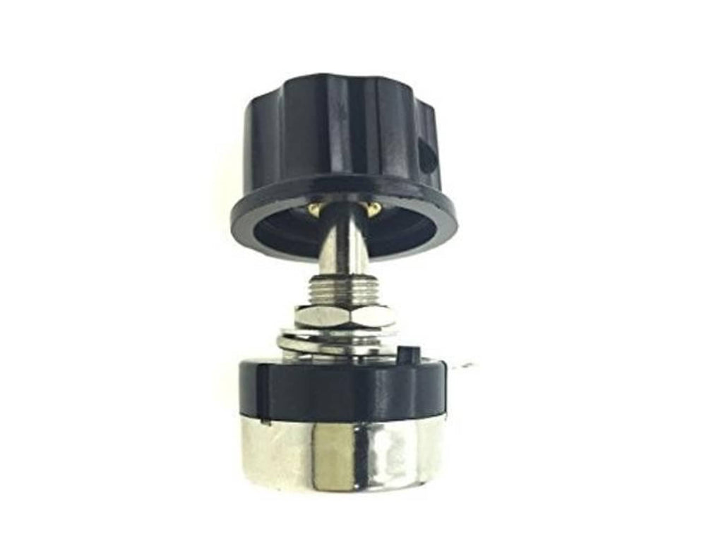 Rotary potentiometer with black top cap, metal threaded shaft, and silver mounting base