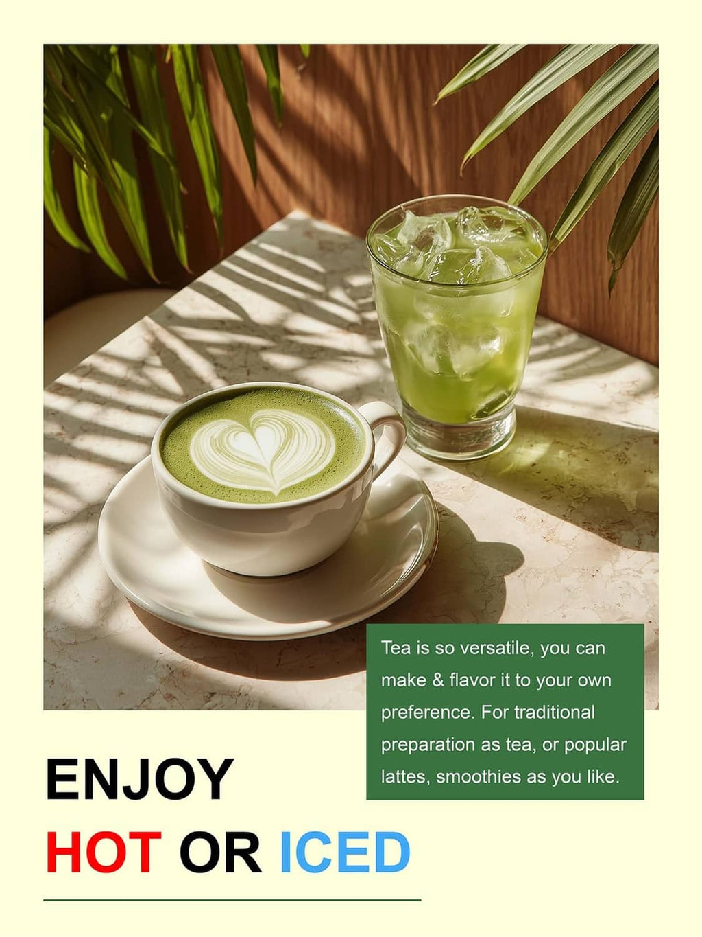 Matcha green iced tea glass and latte cup with leaf foam art