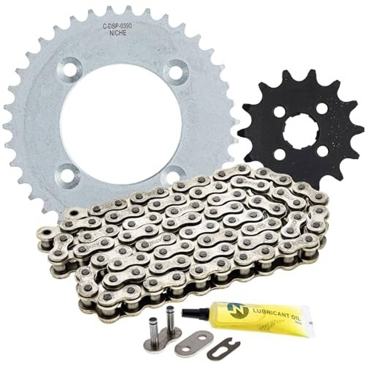 Drive sprocket and roller chain kit with front sprocket, rear sprocket, and included oil