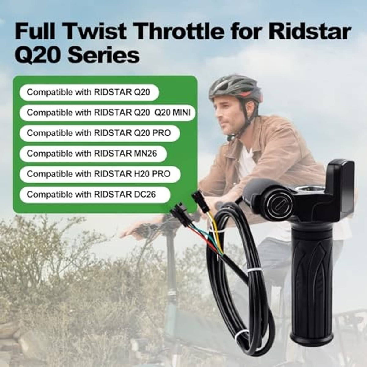 Black twist throttle grip with LCD display and coiled wiring, shown mounted on handlebars