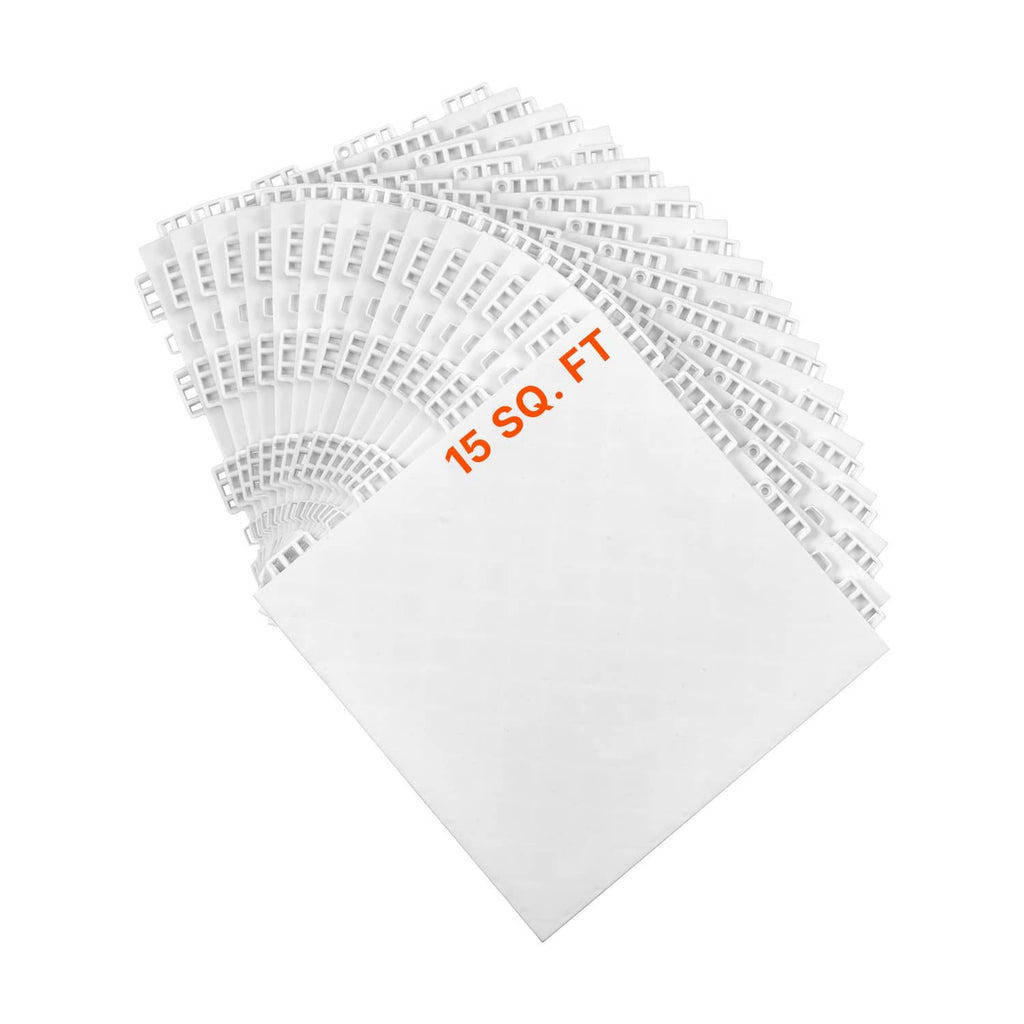 Set of white interlocking mat tiles arranged to cover 15 sq ft