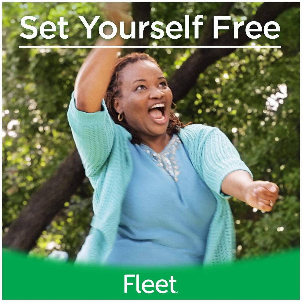 Fleet Laxative constipation relief promotional card with smiling woman