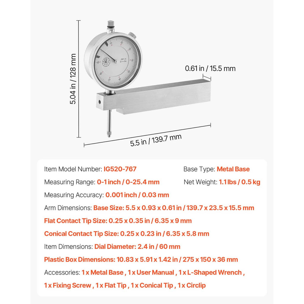 Dial test indicator technical diagram with metal base, probe, and dimension lines