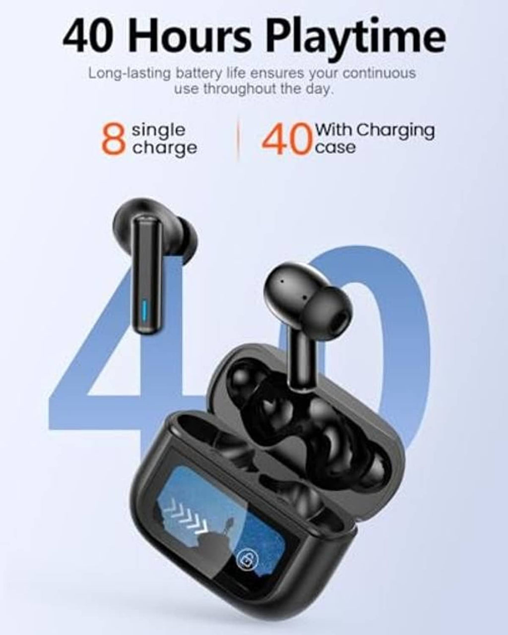 Black wireless earbuds with charging case shown with 40-hour playtime and charging icons