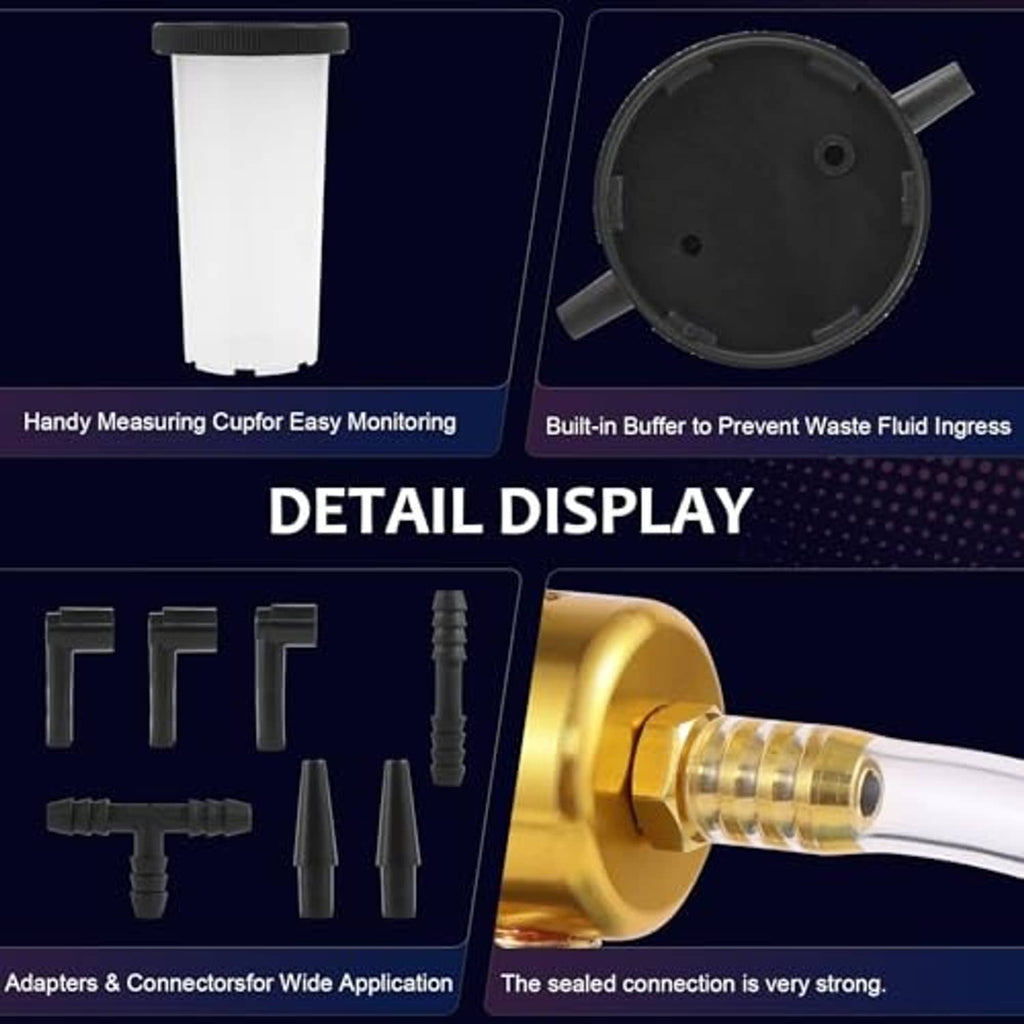 Brake bleeder kit accessories: measuring cup, suction lid, and adapter connectors