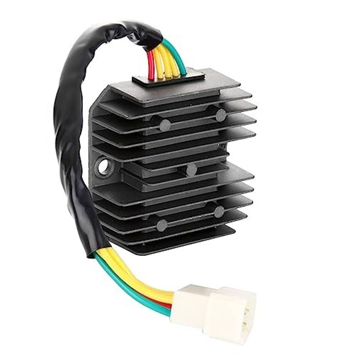 Black finned voltage regulator rectifier relay with 5-wire cable and white plug connector