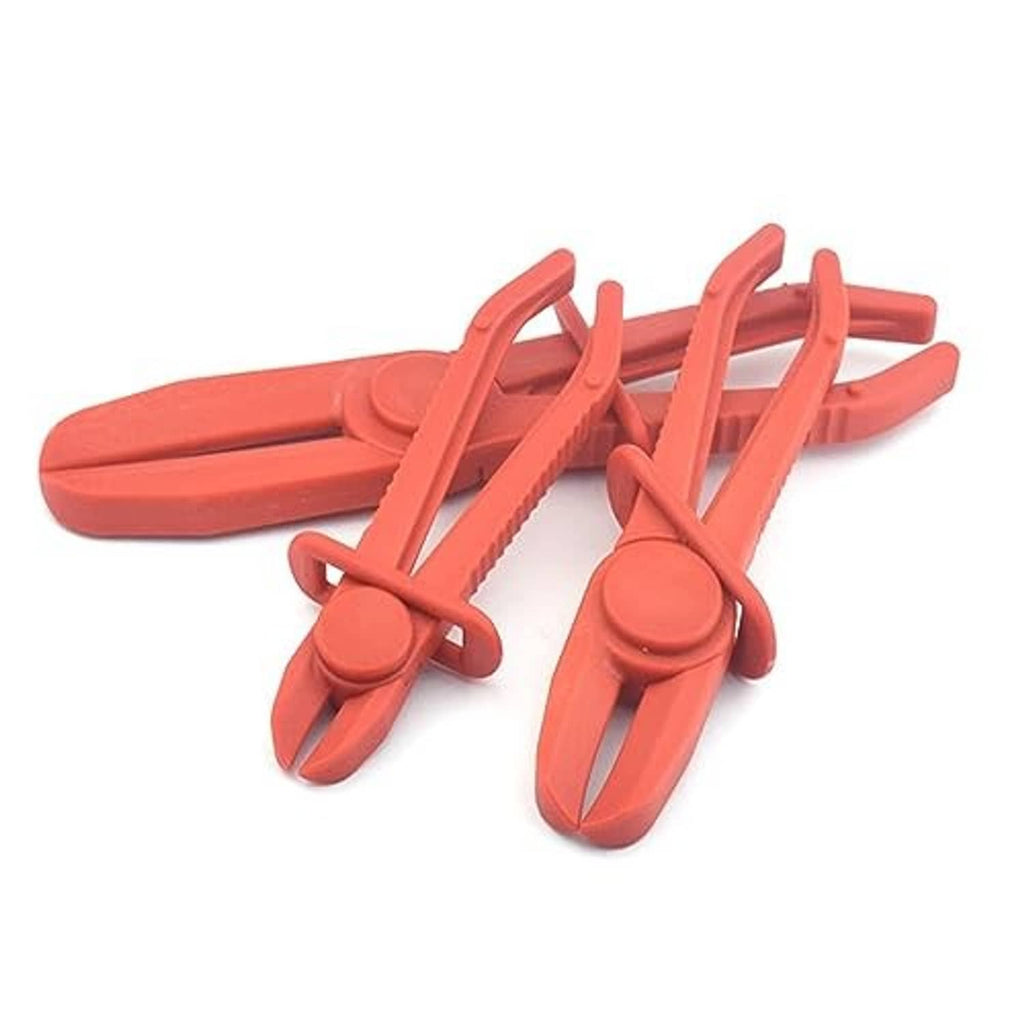 Three red plastic hose pinch-off pliers with pinch jaws and round latch