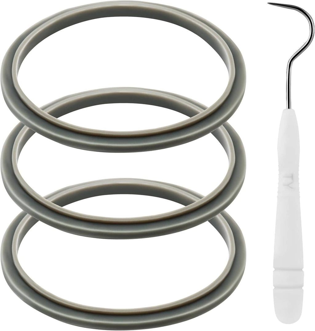 Three gray rubber gasket seal rings with white plastic removal tool