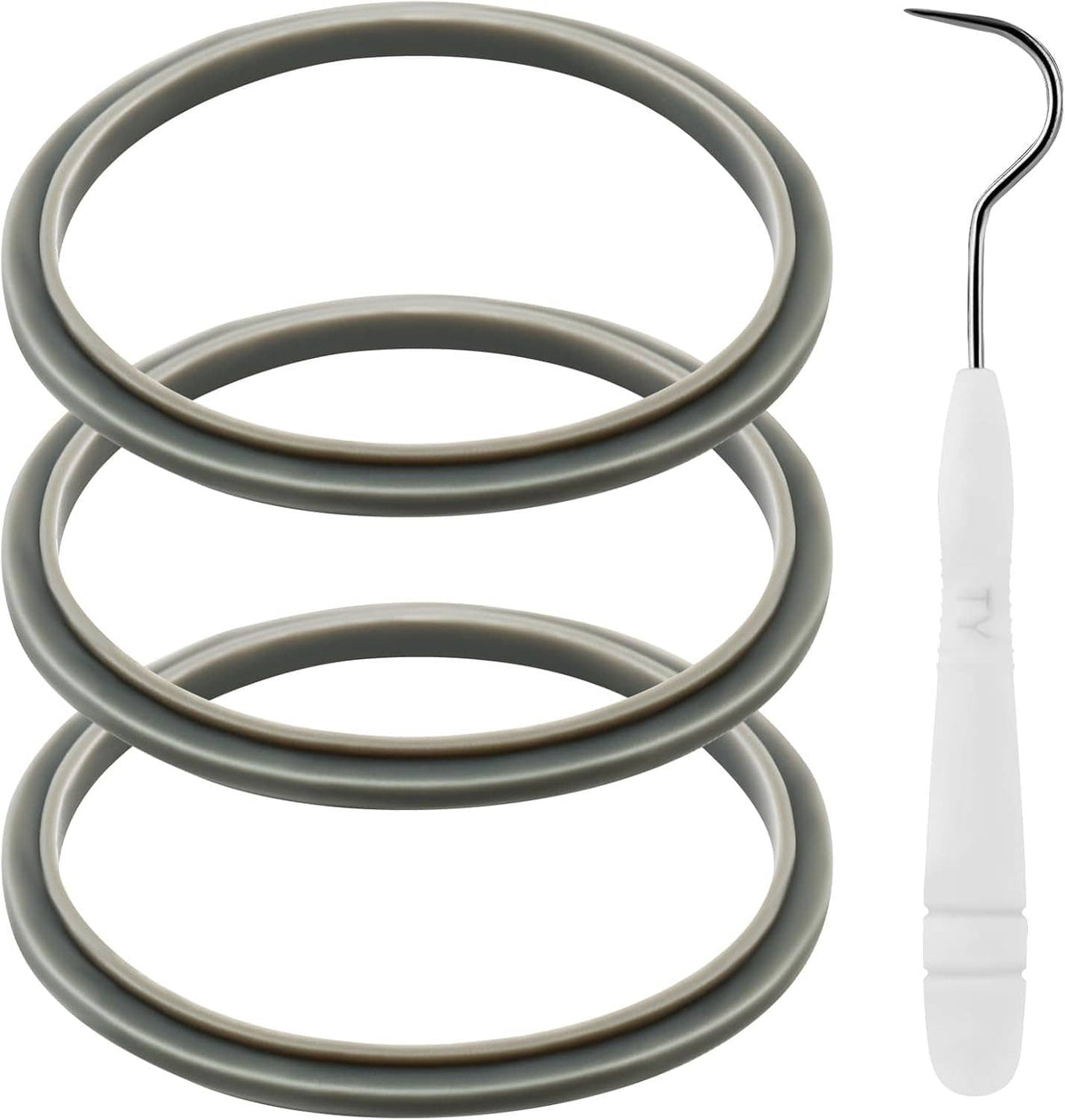 Three gray rubber gasket seal rings with white plastic removal tool