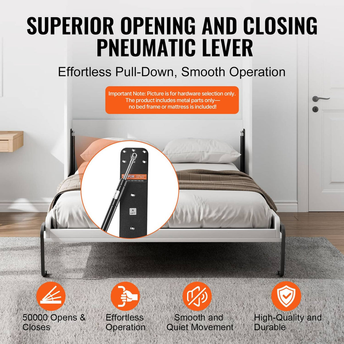 Vertical wall bed mechanism with pneumatic lever and black mounting plate