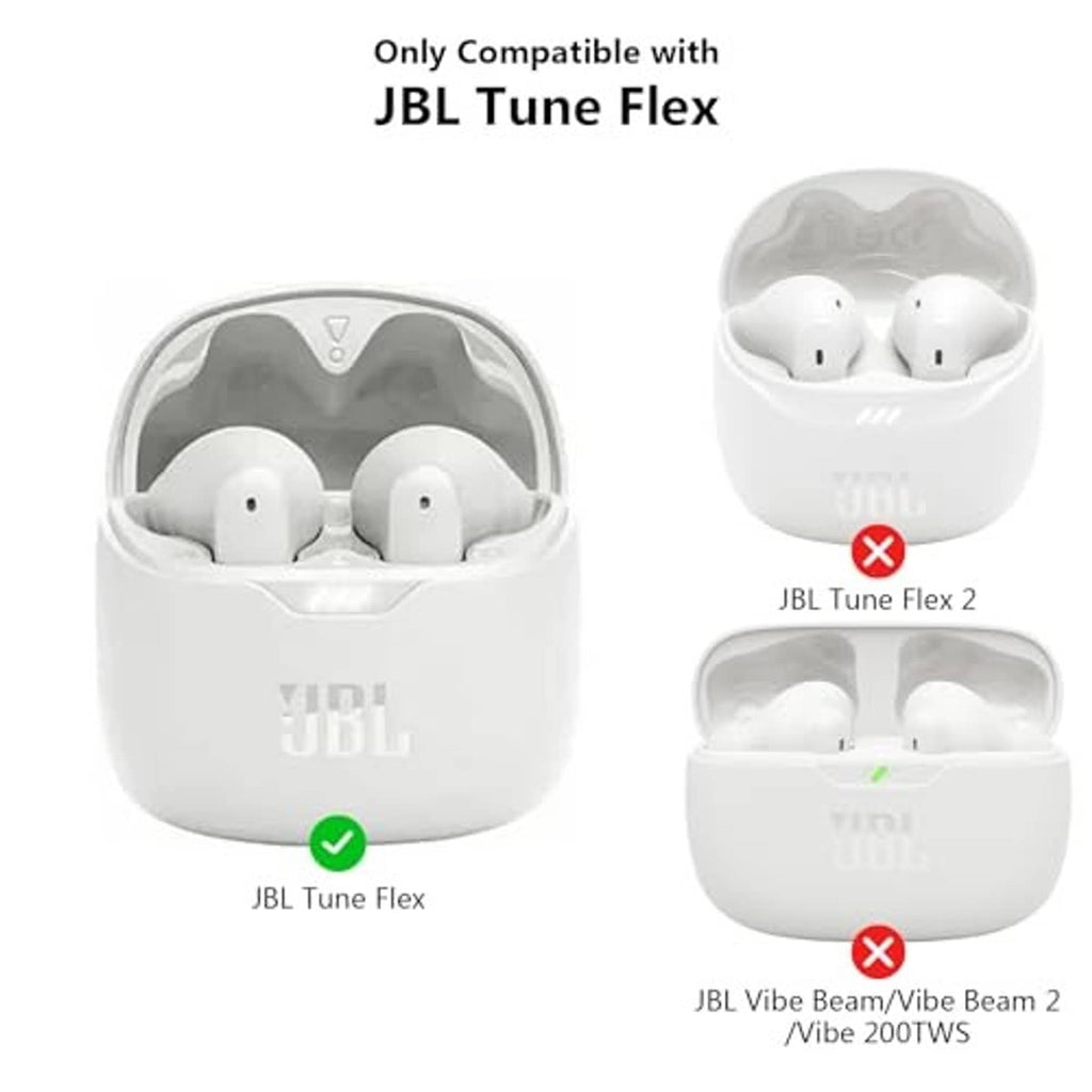 Clear white earbuds cases with glitter window, one marked for JBL Tune Flex