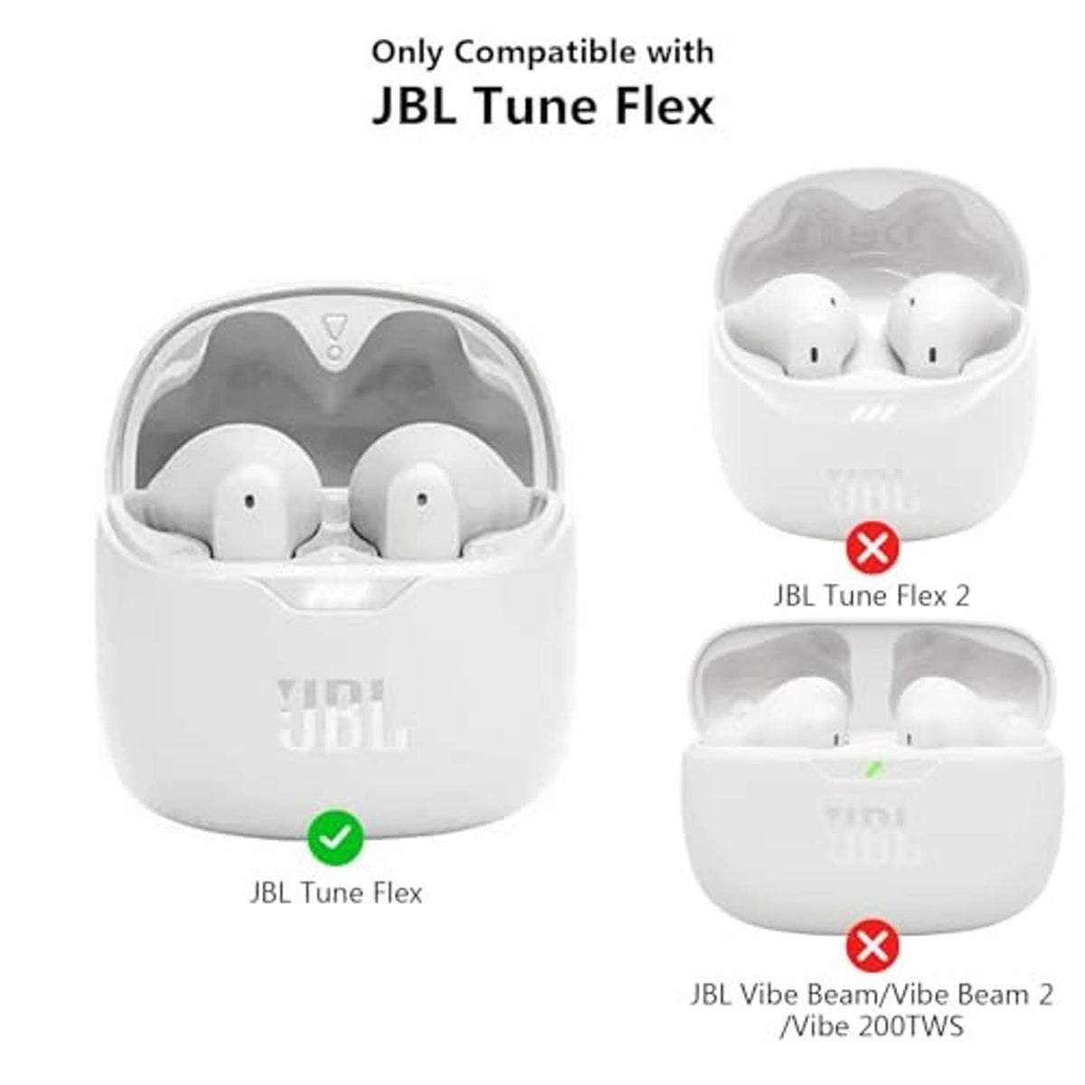 Clear white earbuds cases with glitter window, one marked for JBL Tune Flex