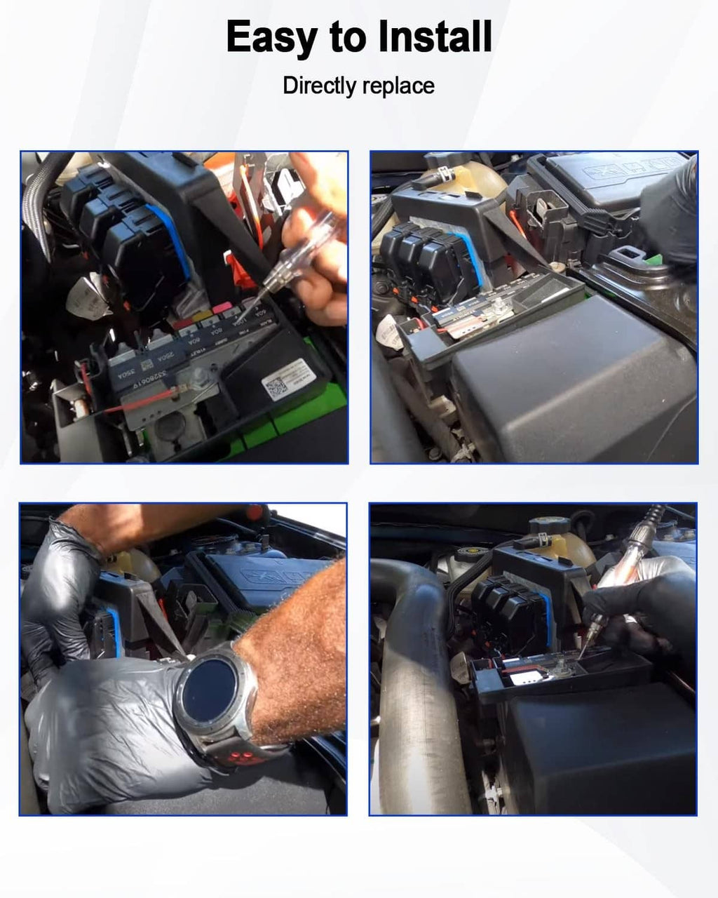 Fuse block plate being installed: silver bracket with black fuses and numbered positions