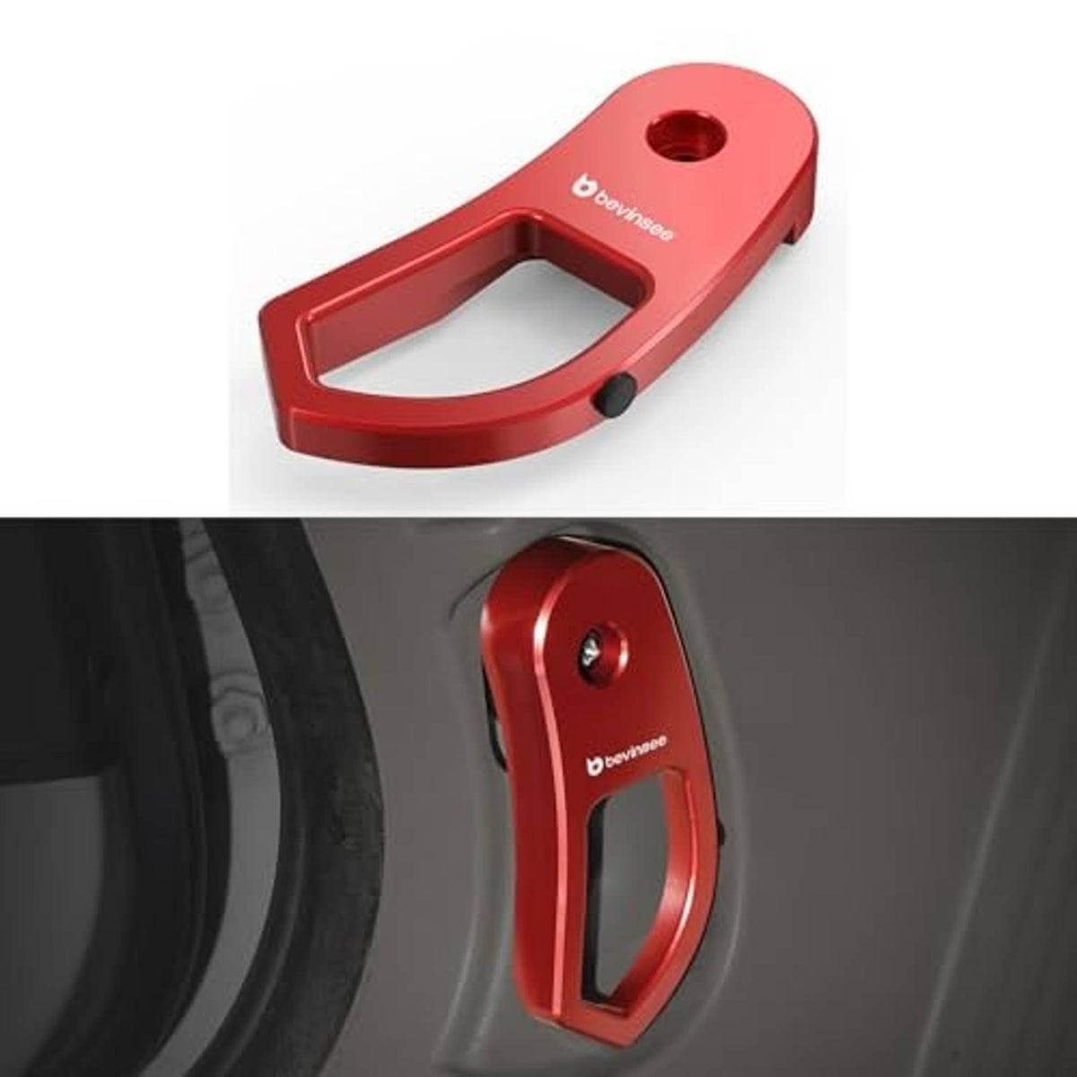 Red hood latch release lever handle bracket with oval cutout and black tip.