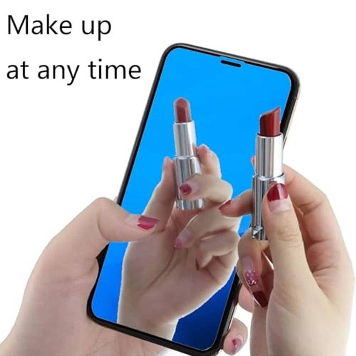 Blue tempered glass screen protector on smartphone with makeup lipsticks held nearby